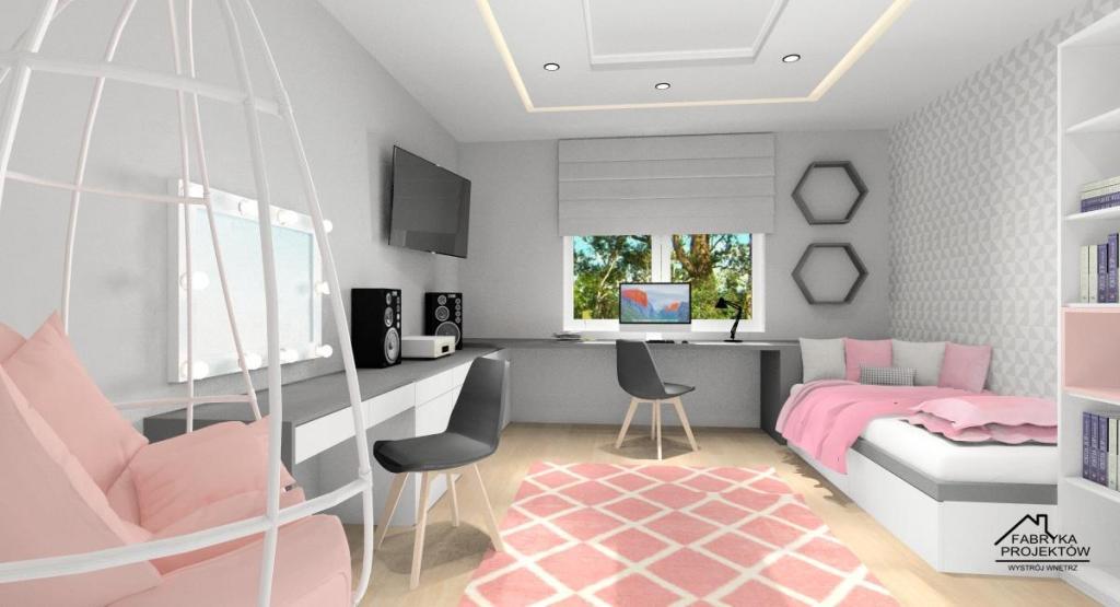 projekt pokoju dla nastolatki,duże łóżko, regały, szafa, duży blat biurka, komody z miejscem na telewizor i sprzęt audio oraz toaletkę i bujany fotel